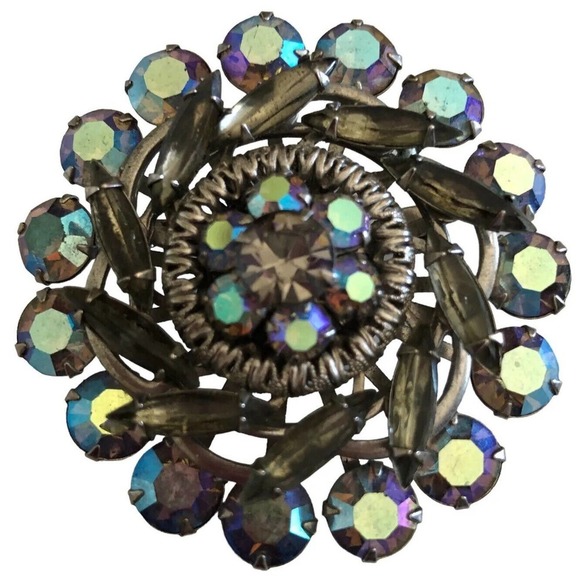 Estate Jewelry - Beautiful Smoky Topaz & Blue AB Rhinestone Brooch Filigree Vintage Jewelry